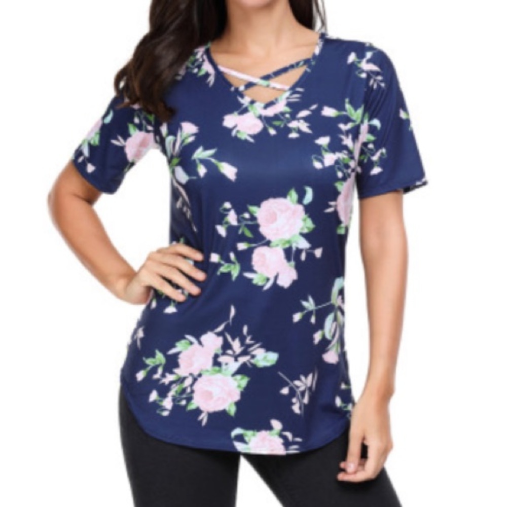 Navy Floral Crisscross Tee